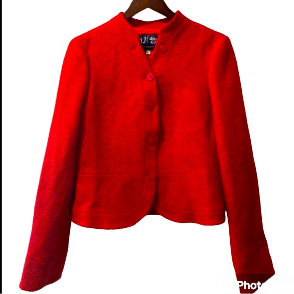 NWOT Armani J. 💯Cotton Blend Red Crop Tweed Mock Neck Jacket Size 12